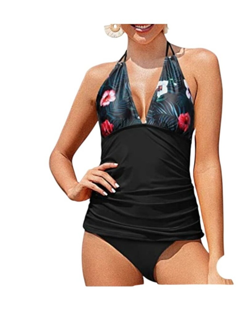 Womens XXL Tropical 2 Pc Floral Halter Tankini Swimsuit Bikini Tummy Control
